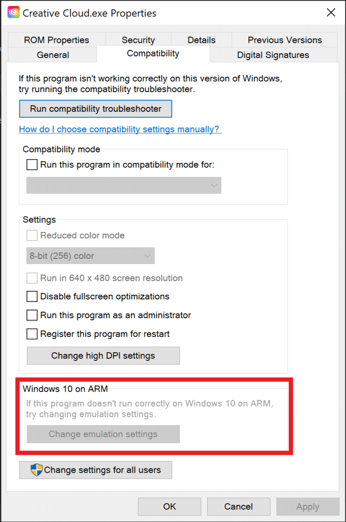 Windows file properties dialog, tab "Compatibility", section "Windows 10 on ARM"